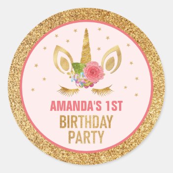 Magical Gold Glitter Unicorn Face Birthday Party Classic Round Sticker by ShabzDesigns at Zazzle