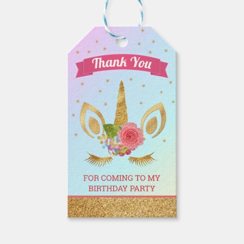 Magical Gold Glitter Unicorn Face Birthday Party Gift Tags