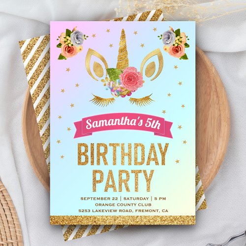 Magical Gold Glitter Unicorn Face Birthday Party Invitation