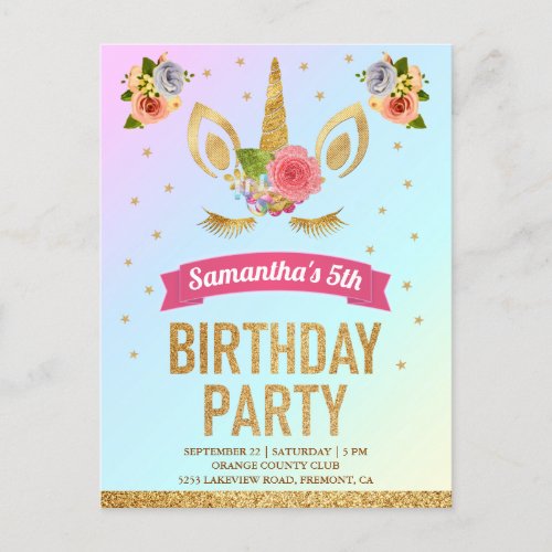 Magical Gold Glitter Unicorn Face Birthday Party Invitation Postcard