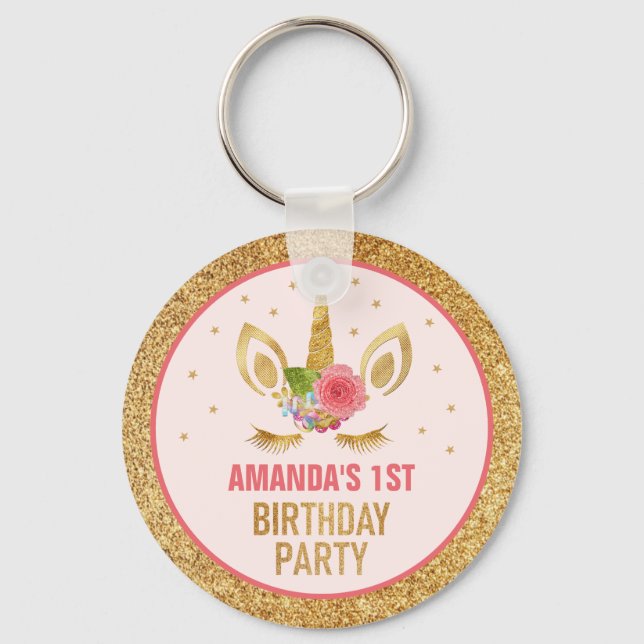 Magical Gold Glitter Unicorn Face Birthday Party Keychain (Front)