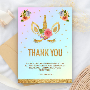 Magical Gold Glitter Unicorn Face Birthday Party Thank You Card