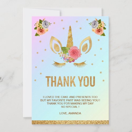 Magical Gold Glitter Unicorn Face Birthday Party Thank You Card
