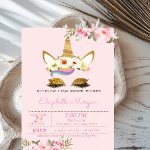 Magical Gold Glitter Unicorn  Floral Baby Shower Invitation