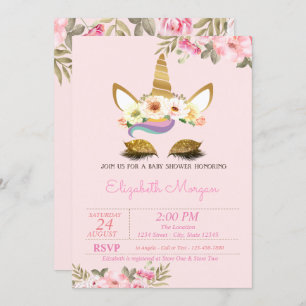 Magical Gold Glitter Unicorn Floral Baby Shower Invitation