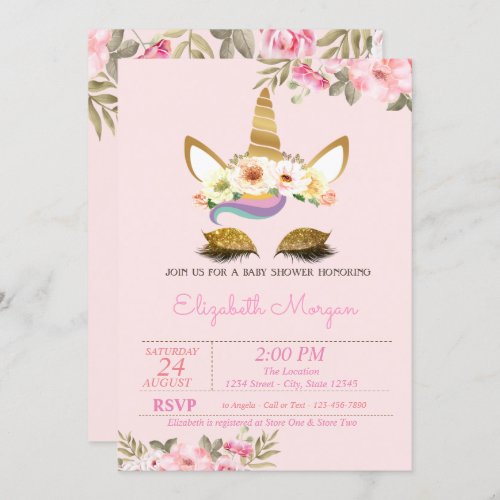 Magical Gold Glitter Unicorn  Floral Baby Shower Invitation