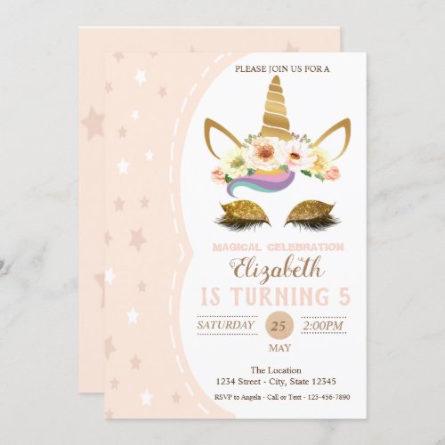 Magical Gold Glitter Unicorn Stars Birthday Invitation