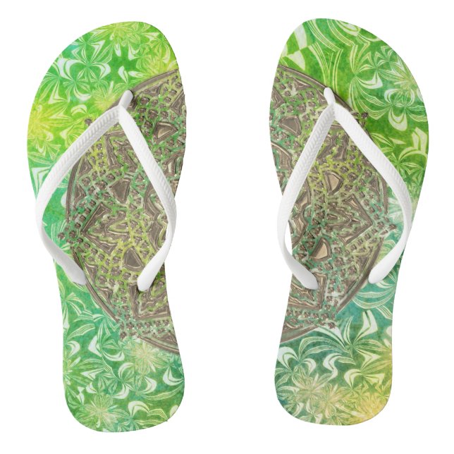 Magical Gold Mandala on Green Floral Flip Flops (Footbed)