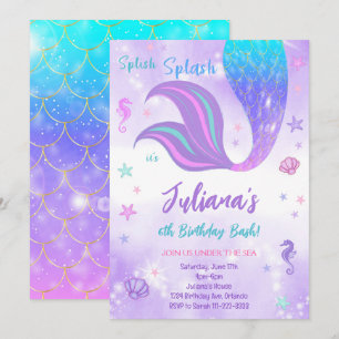 Magical Gold Purple Mermaid Tail Birthday Invite