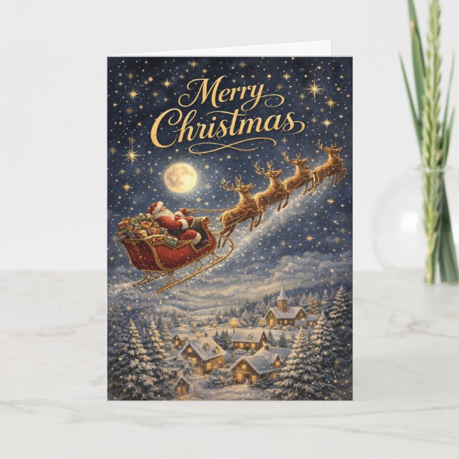 Magical Gold Santa Night Sky Merry Christmas Holiday Card (Front)