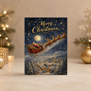 Magical Gold Santa Night Sky Merry Christmas Holiday Card