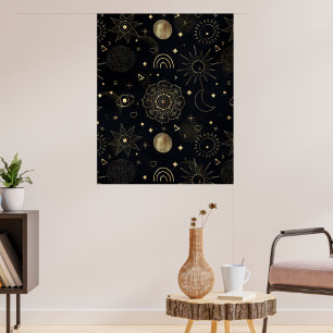 Magical Gold Sun Moon Planets Galaxy Doodling Art Poster