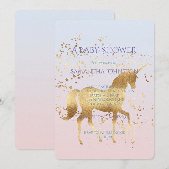Magical Gold Unicorn Baby Shower Invitation (Front/Back)