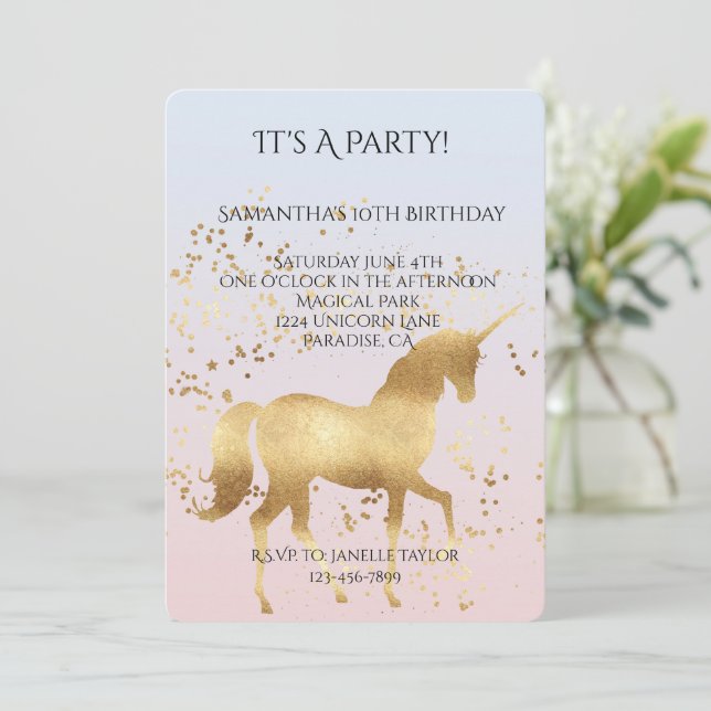 Magical Gold Unicorn Birthday Invitation (Standing Front)
