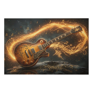 Magical Golden Guitar Fantasy Music Notes Wood Wall Art