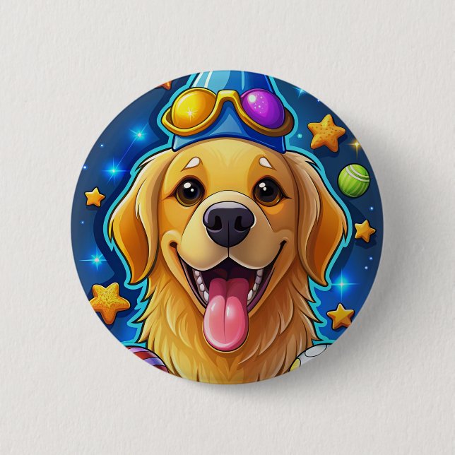 Magical Golden Retriever Puppy with Stars Button (Front)