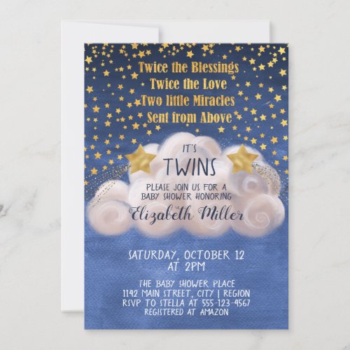 Magical Golden Stars Navy Blue Twins Baby Shower I Invitation