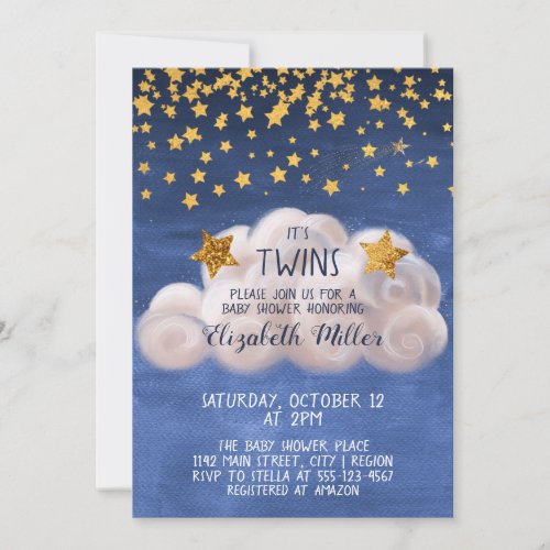 Magical Golden Stars Navy Blue Twins Baby Shower Invitation