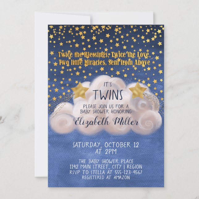 Magical Golden Stars Navy Blue Twins Baby Shower Invitation (Front)