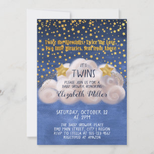 Magical Golden Stars Navy Blue Twins Baby Shower Invitation