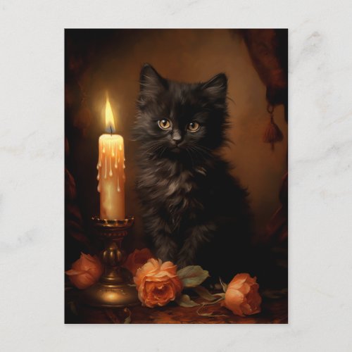 Magical Gothic Black Kitten _ Vintage Oil Painting Postcard