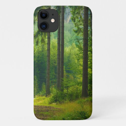 Magical green forest path trees mist  iPhone 11 case