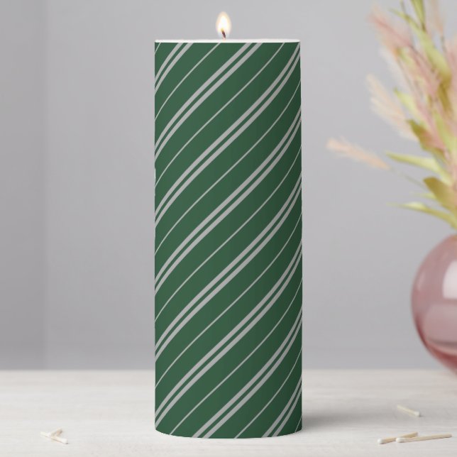 Magical Green Grey School Stripes Pattern Pillar Candle (In Situ)