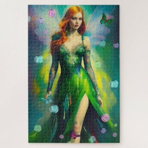 Magical Green Irish Woodland Fairy and Butterflies Jigsaw Puzzle