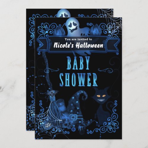 Magical Halloween Baby Shower Cat Blue Glow Lights Invitation