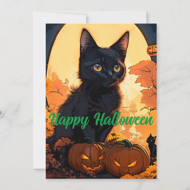Magical Halloween Black Kat & Pumpkins Holiday Card (Front)