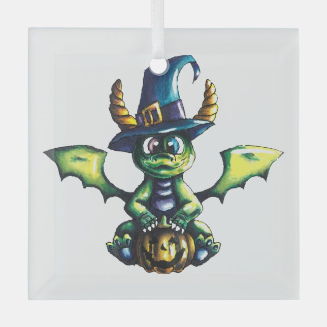 Magical Halloween Dragon Design Glass Ornament (Front)