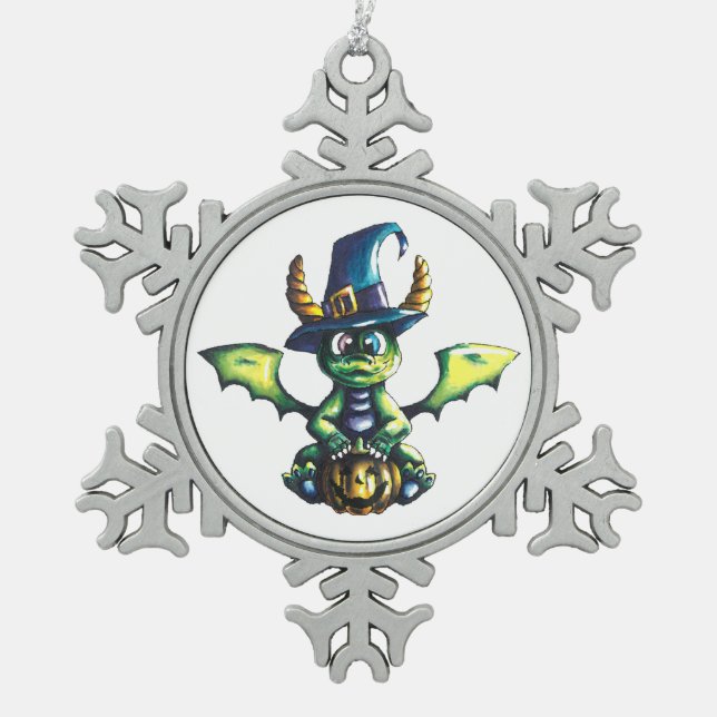 Magical Halloween Dragon Design Snowflake Pewter Christmas Ornament (Front)