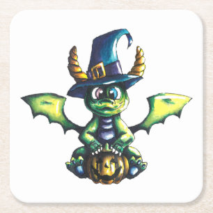 Magical Halloween Dragon Design Square Paper Coaster