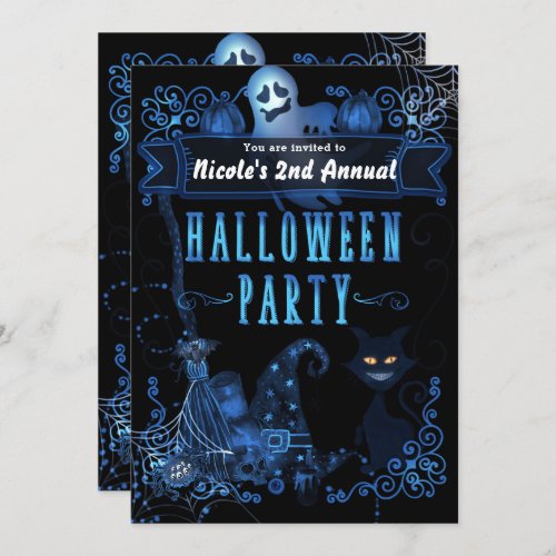 Magical Halloween Party Black Cat Blue Glow Lights Invitation