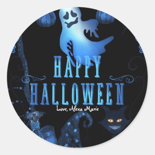 Magical Halloween Party Black Cat Blue Light Favor Classic Round Sticker