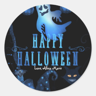 Magical Halloween Party Black Cat Blue Light Favor Classic Round Sticker