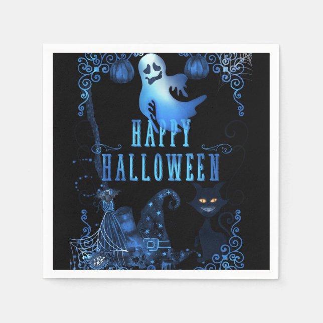 Magical Halloween Party Black Cat Blue Light Glow Paper Napkins (Front)