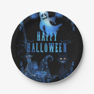 Magical Halloween Party Black Cat Blue Light Glow Paper Plates