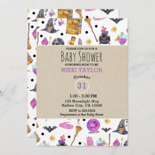Magical Halloween Watercolor Whimsical Baby Shower Invitation