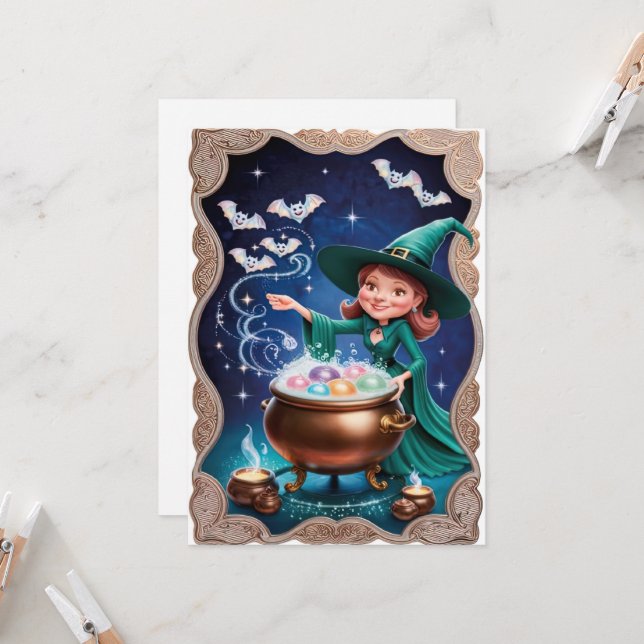 Magical Halloween Witch with Cauldron Card (Front/Back In Situ)