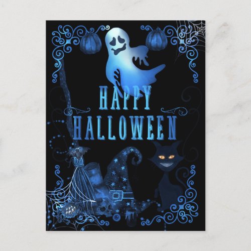 Magical Happy Halloween Black Cat Blue Glow Lights Postcard