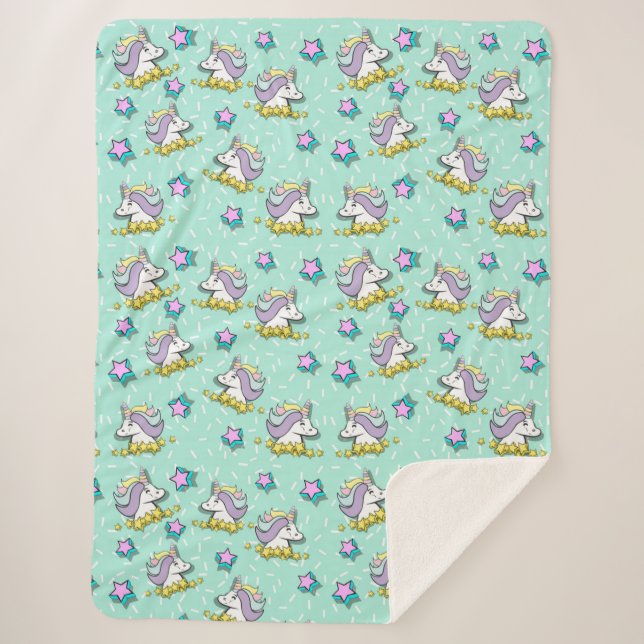 Magical Happy Unicorn And Stars Sherpa Blanket (Front)