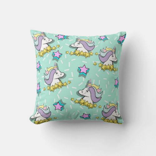 Magical Happy Unicorn And Stars Throw Pillow