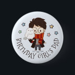 Magical HARRY POTTER™ and Hogwarts Birthday Button<br><div class="desc">Celebrate your little wizard's big day with this charming "Birthday Girl's Dad" button! This adorable pin features a cute, chibi-style illustration of Harry Potter, complete with his iconic glasses, scar, and a red and gold Gryffindor scarf. Perched sweetly on his arm is his loyal snowy owl, Hedwig. The text "BIRTHDAY...</div>
