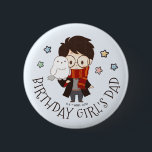 Magical HARRY POTTER™ and Hogwarts Birthday Button<br><div class="desc">Celebrate your little wizard's big day with this charming "Birthday Girl's Dad" button! This adorable pin features a cute, chibi-style illustration of Harry Potter, complete with his iconic glasses, scar, and a red and gold Gryffindor scarf. Perched sweetly on his arm is his loyal snowy owl, Hedwig. The text "BIRTHDAY...</div>