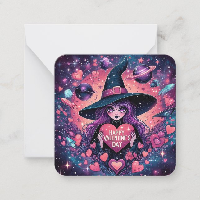 Magical Hearts Witch Valentines Day Note Card (Front)