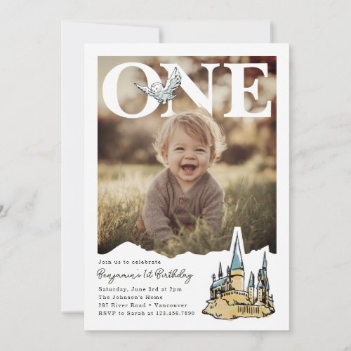 Magical Hogwarts Owl First PhotoPop Birthday  Invitation