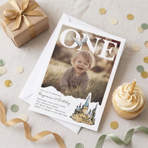 Magical Hogwarts Owl First PhotoPop Birthday  Invitation