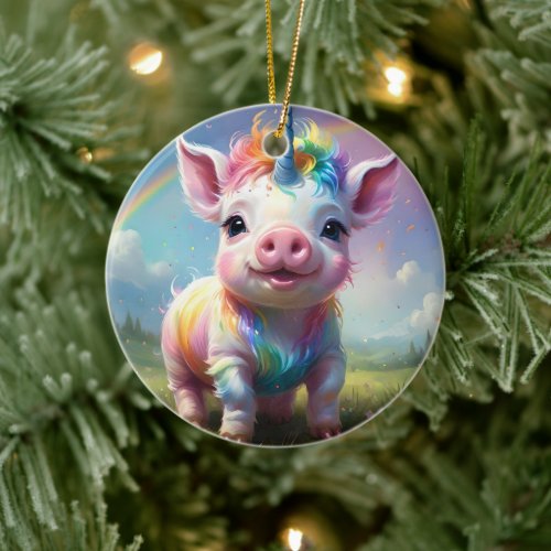 "Magical Hooves: The Rainbow Unicorn Pig" Ceramic Ornament