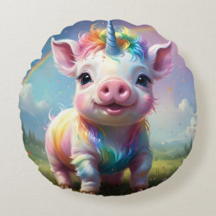 "Magical Hooves: The Rainbow Unicorn Pig" Round Pillow